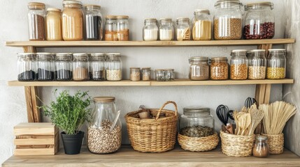 A rustic kitchen shelf with various food items stored in glass jars.