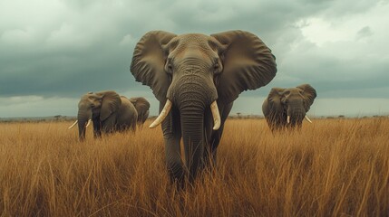 Obraz premium Majestic Elephants in Golden Grasslands Under Dramatic Skies