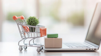 A miniature shopping cart on a laptop keyboard signifies online shopping and home delivery trends.