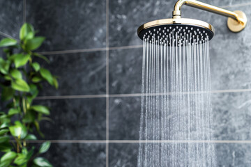 A modern shower head pouring water over a sleek stone wall, creating a refreshing and tranquil bathroom atmosphere.