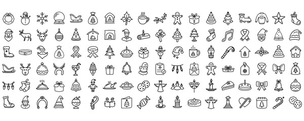 Obraz premium Large Set of Black and White Christmas and Holiday Icons in Simple Outline Style