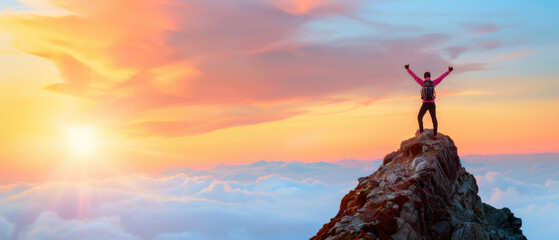 A person triumphantly stands on a mountain peak, celebrating amidst a stunning sunset and clouds, symbolizing achievement and adventure.