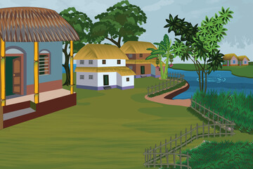 Village house background for cartoon animation. Explore the charm of Indian rural house, traditional style, village pond, and riverside Scenery