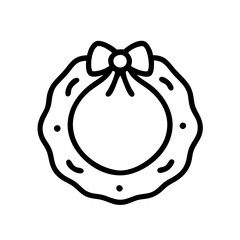 Simple Christmas wreath icon with bow in black outline