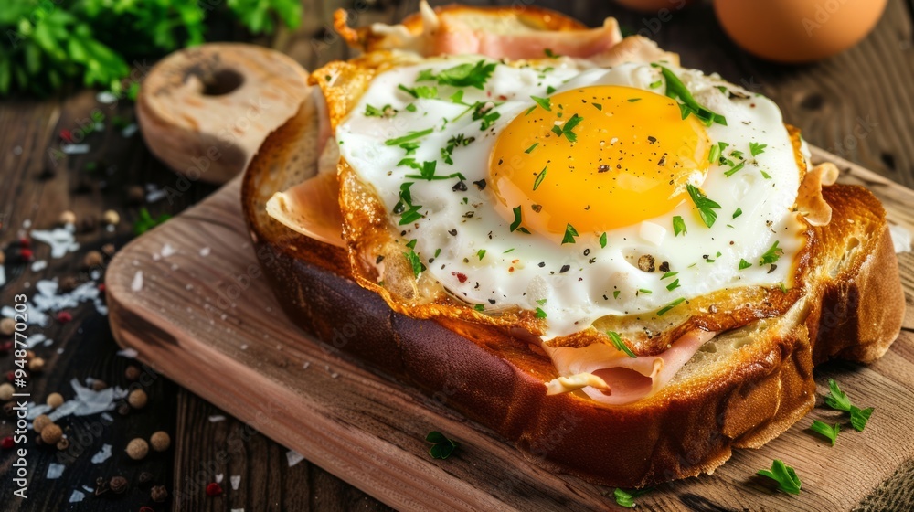 Poster Close-up of a fried egg on a ham and toast sandwich with parsley and pepper.