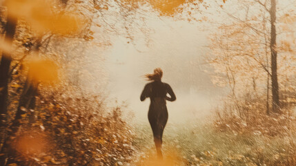 A lone woman is seen jogging during a misty autumn morning on a pathway surrounded by trees, capturing the serenity and commitment to fitness in a beautiful natural setting.