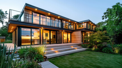 Fototapeta premium A stunning modern house exterior at dusk, featuring large windows and a beautifully landscaped garden.