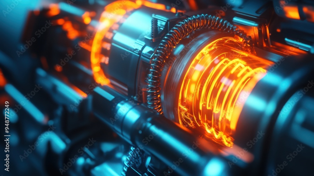 Poster futuristic glowing laser-powered engine, an energy-efficient machine in close-up view with orange