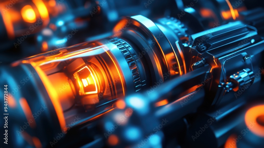 Poster futuristic glowing laser-powered engine, an energy-efficient machine in close-up view with orange