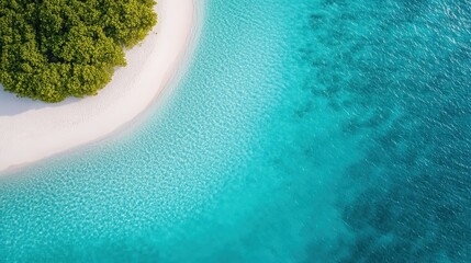 An aerial view of a pristine island with a beautiful coastline, clear turquoise waters, and lush green foliage, highlighting the beauty and tranquility of a tropical paradise.