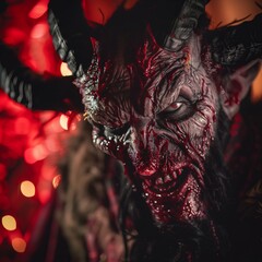 close up bloodied Krampus with a menacing expression, detailed bloodstains on his face and horns, dark, shadowy background with a blurred, unsettling holiday ambiance,