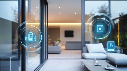 Modern living room interior with smart home technology concept.
