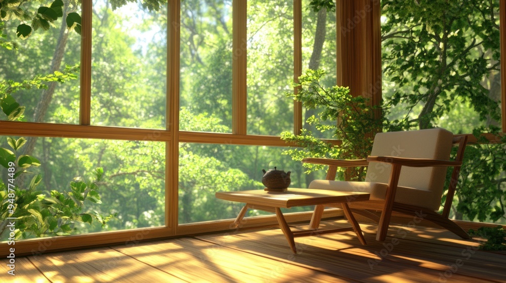 Sticker A wooden chair with a teapot on a small table sits near a large window looking out onto a lush green forest.