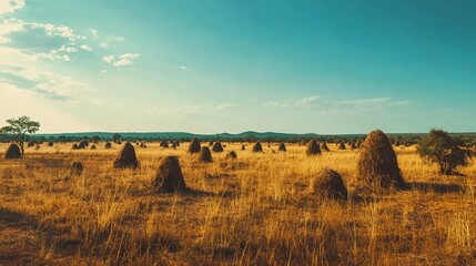 Serene Landscape of Termite Mounds in Golden Grasslands
