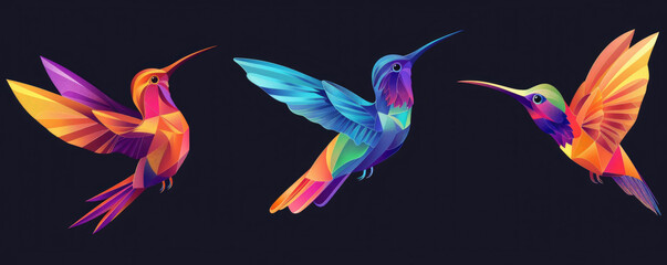 Three stylized hummingbirds soar gracefully, their vibrant colors and geometric shapes creating a captivating visual effect against a dark backdrop, embodying artistic elegance and motion.