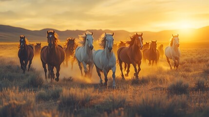 Wild Horses Galloping Across Expansive Meadow, Majestic creatures in motion, their manes flowing, embodying freedom and the untamed spirit of nature in a vibrant landscape.