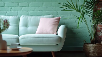 Stylish living room with light green brick wall, a comfortable light green sofa, cozy pink cushion, and indoor plants, creating a fresh and inviting ambiance, modern interior setting.