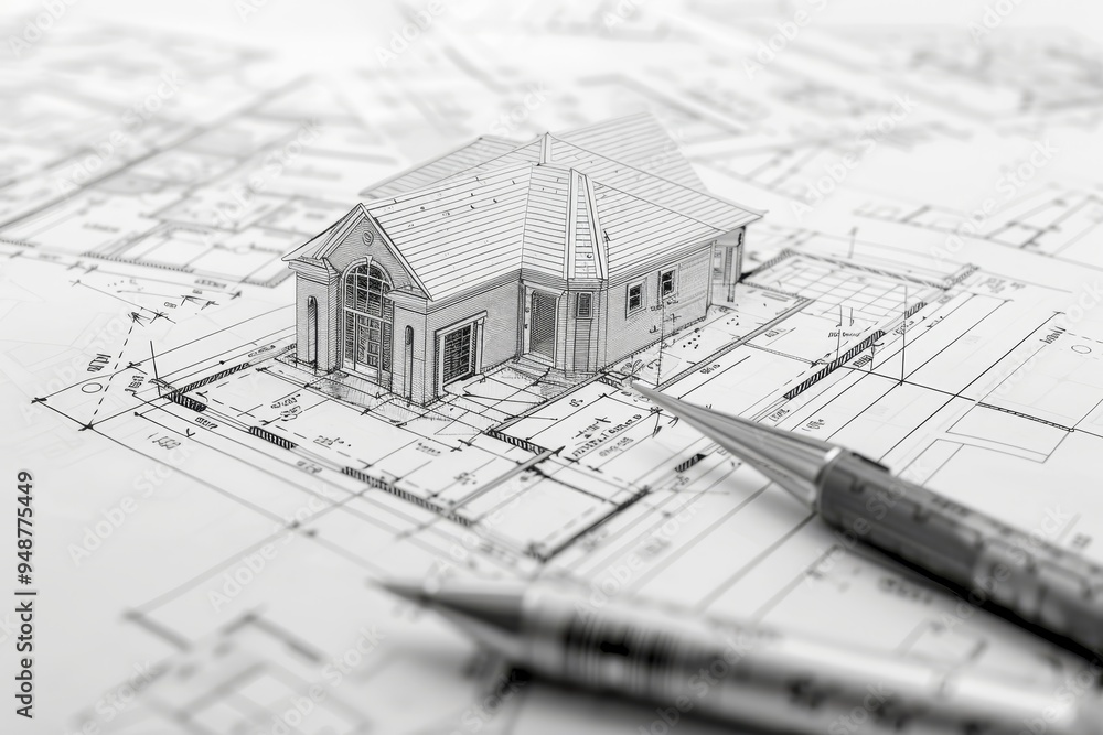 Poster architectural blueprint with detailed annotations, showcasing design precision