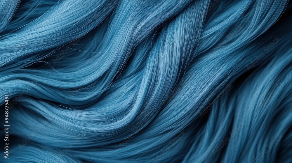 Poster close-up view of long, flowing strands of blue hair, artistically arranged in a swirling pattern, cr