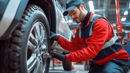 Auto Mechanic Working on a Car Wheel