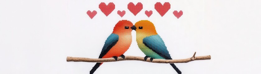 Detailed cross-stitch of two birds sitting closely on a branch with heart motifs above them, cross-stitch couple bird, lovebird design