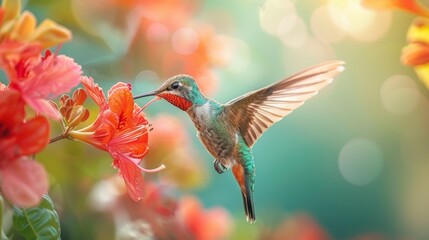 Fototapeta premium A hummingbird hovering near vibrant flowers during a sunny afternoon in a colorful garden full of blooming flora and lively colors