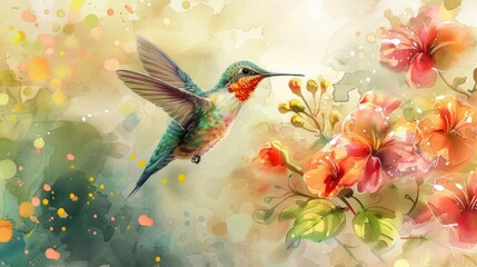 A vibrant hummingbird hovers amidst colorful flowers in a lush garden filled with blooming petals and soft light during a serene spring morning