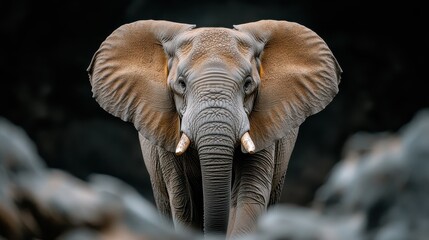 A striking close-up portrait of a majestic African elephant, capturing its textured skin, large ears, and tusks, with a dramatic natural backdrop, showcasing its grandeur.