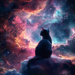A cat on the edge of time and space looks at the stars in a bright nebula, space fiction