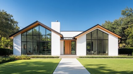 This modern Beverly Hills home has a striking white brick exterior, dark wood accents, and a stylish gable roof, set in a lush environment that showcases its luxury and contemporary design