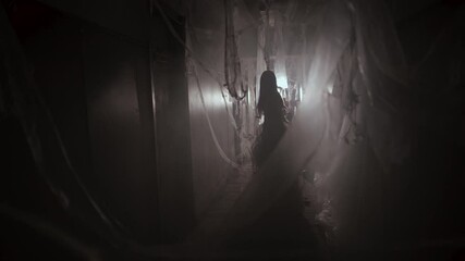 Woman ghost slowly walking of hallway of old abandoned haunted house. horror scene
