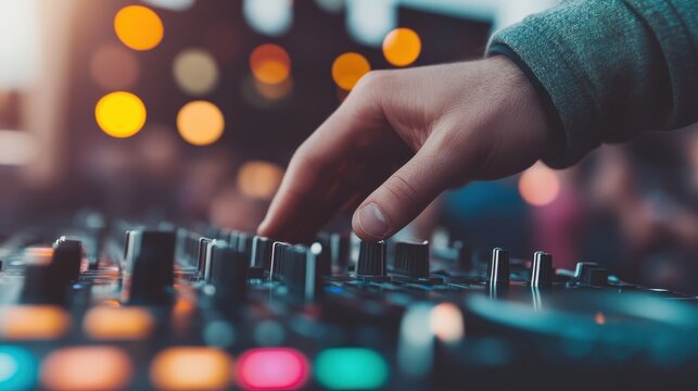 A hand of a DJ adjusts the controls on a mixer, illuminated by colorful bokeh lights in the background, capturing the dynamic and vibrant atmosphere of a live music event.
