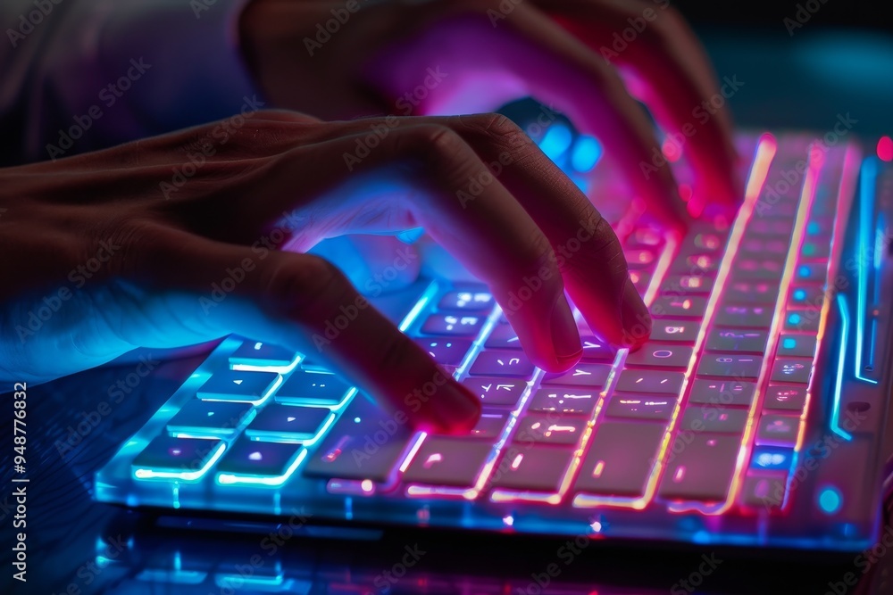 Aufkleber hands typing on a sleek digital keyboard with glowing keys