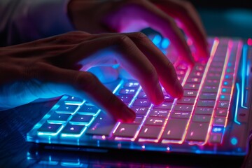 Hands typing on a sleek digital keyboard with glowing keys