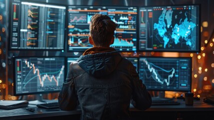 Obraz premium Cryptocurrency trader analyzing market trends in a high-tech office.