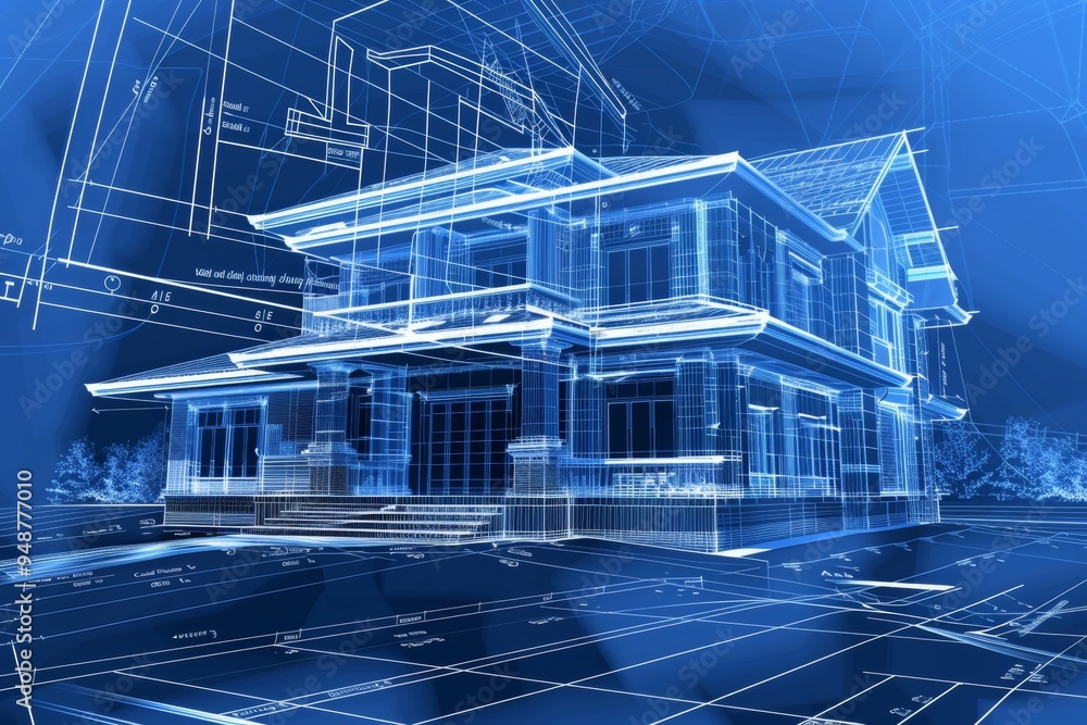 Poster architectural blueprint with detailed annotations, showcasing design precision