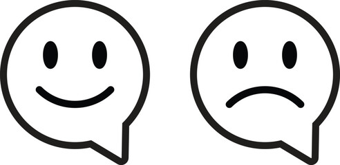 Happy and sad speech bubble icon set . Smile face and sad speech bubble icons . Feedback emoji icon in speech bubble shape . Vector illustration