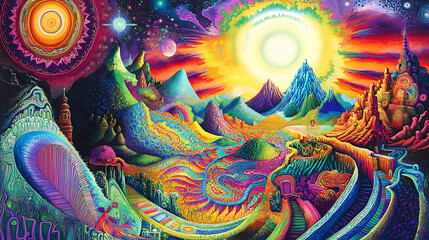 Epic poster of spiritual journey through a psychedelic vibrant dynamic landscape