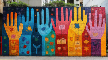 Freedom of Expression: A vibrant art mural with symbols of democracy and free speech.