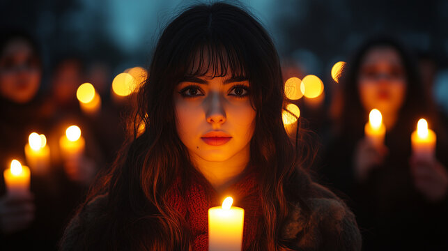 Peaceful Demonstration: Citizens holding candles and signs at a peaceful night vigil for democratic values.
