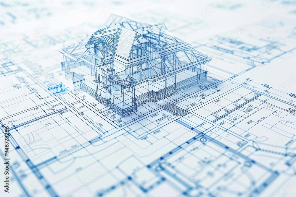 Poster architectural blueprint with detailed annotations, showcasing design precision