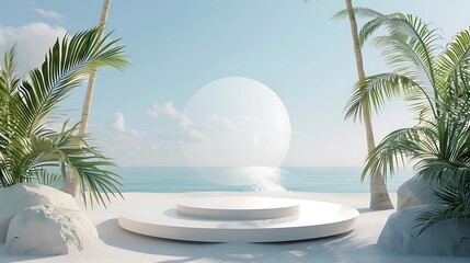 Obraz premium A minimalist 3D podium set against a tropical beach scene, perfect for product display.