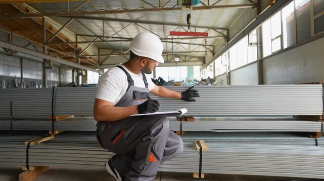 Indian warehouse worker makes accounting records of metal profile in clipboard