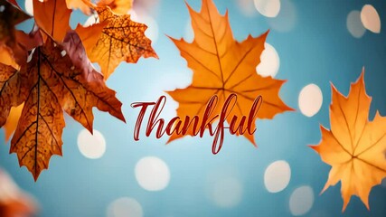 Autumn leaves falling down on the background and message Thankful in front of it
