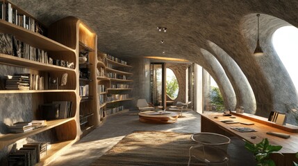 Modern library with large windows and a wooden desk in a uniquely shaped room.
