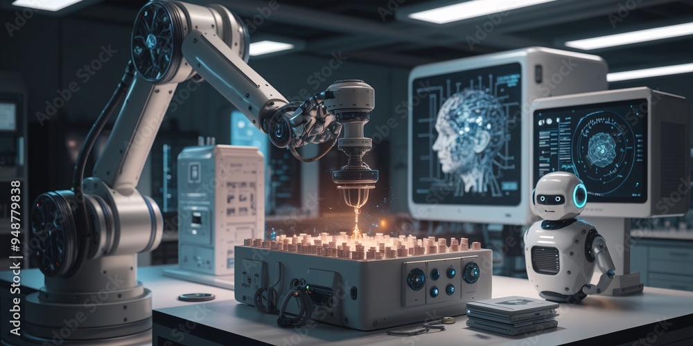 Poster the future of innovation: a robotic arm operates with precision in a futuristic lab setting, highlig