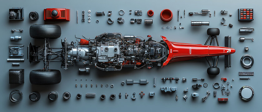 Exploded view of an F1 car engine, components laid out to reveal the intricate engineering, precision parts, and advanced technology used in racing