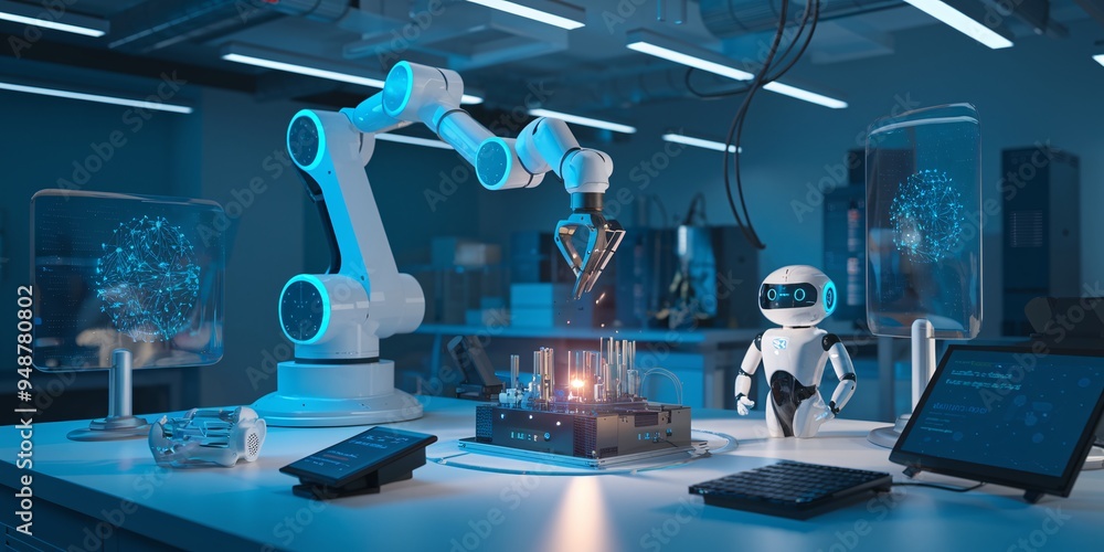 Poster future of manufacturing: advanced robotic arm assembling circuit board in high-tech lab