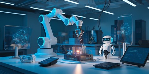 Future of Manufacturing: Advanced robotic arm assembling circuit board in high-tech lab