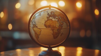 A globe shows flight routes connecting various continents during sunset